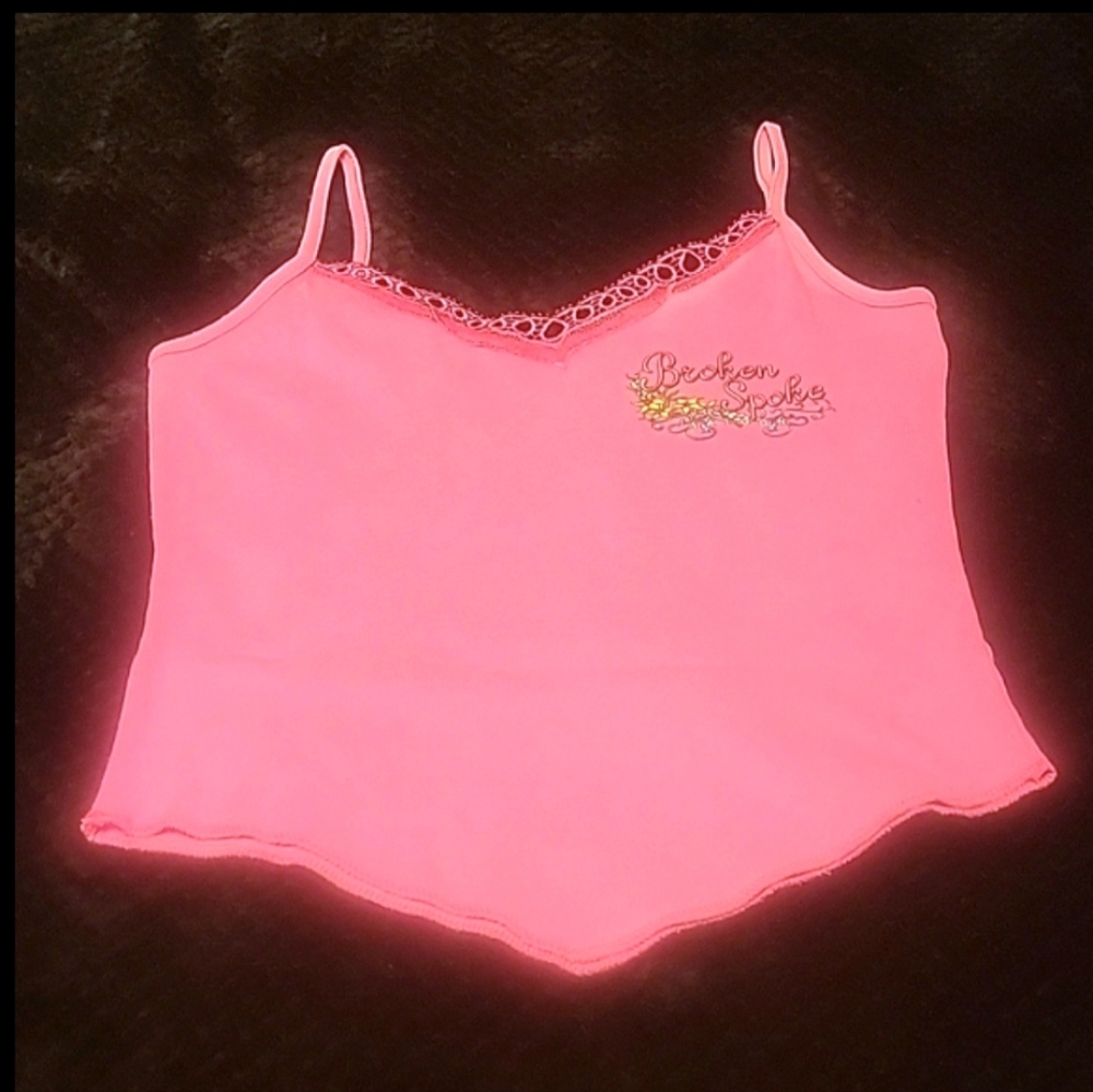 Vtg Y2K pink Broken Spoke saloon embroidered graphic cut out handkerchief tank M - Picture 12 of 17